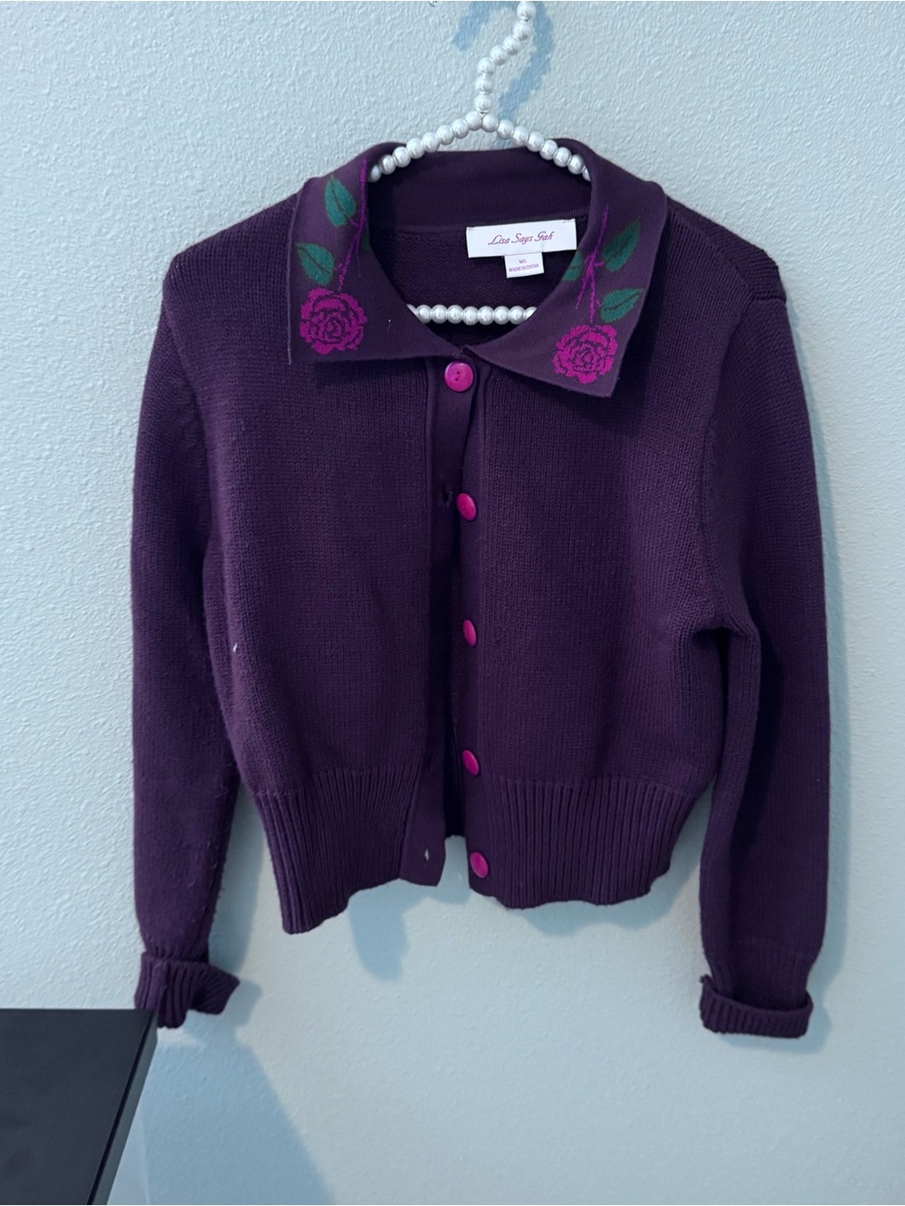 Lisa Says Gah Brown Cardigan with Red Rose Collar